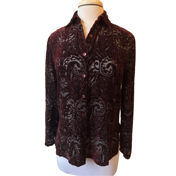 French Laundry Women’s S Whimsigoth Silk Red Velvet Burnout Button Down Shirt - Picture 1 of 9